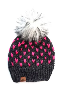 0-3 month Baby Happe Hearts Pom Hat | Charcoal  Gray   Hot Pink