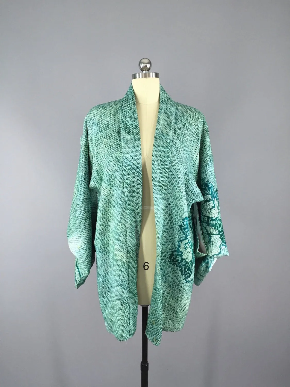 1960s Vintage Silk Haori Kimono Cardigan / Emerald Green Shibori