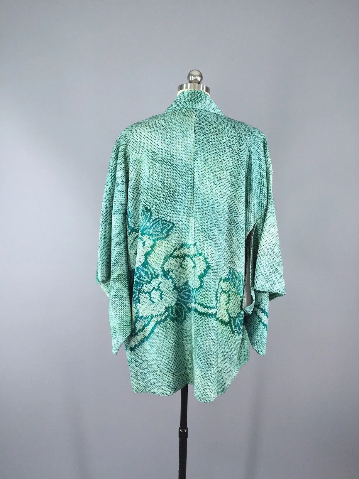 1960s Vintage Silk Haori Kimono Cardigan / Emerald Green Shibori