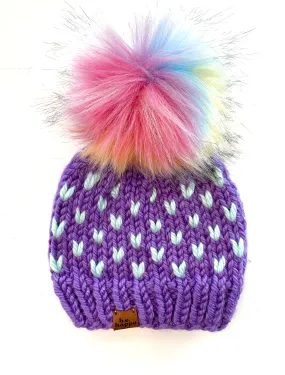 3-6 month Knit Hearts Pom Hat | Wool Free Purple Rainbow