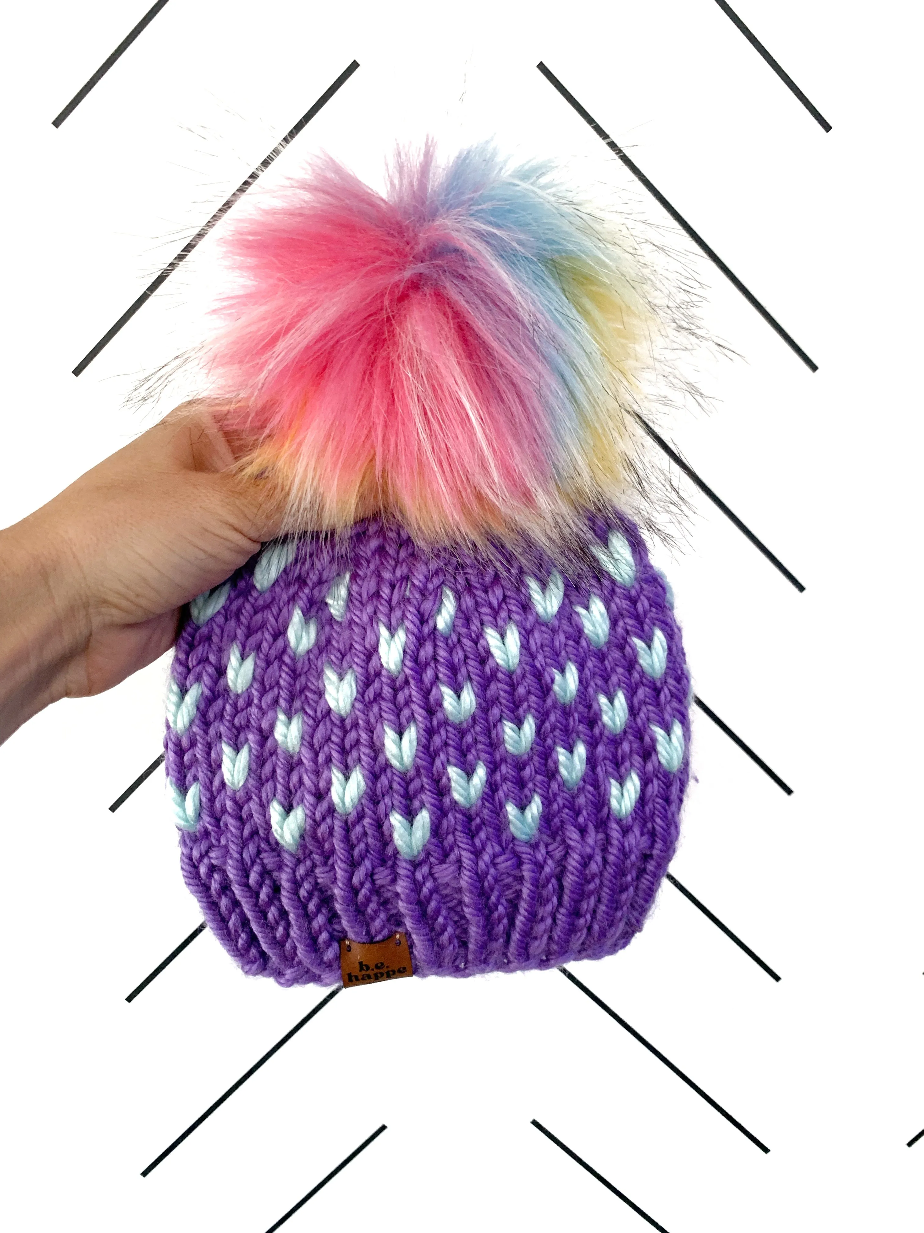 3-6 month Knit Hearts Pom Hat | Wool Free Purple Rainbow