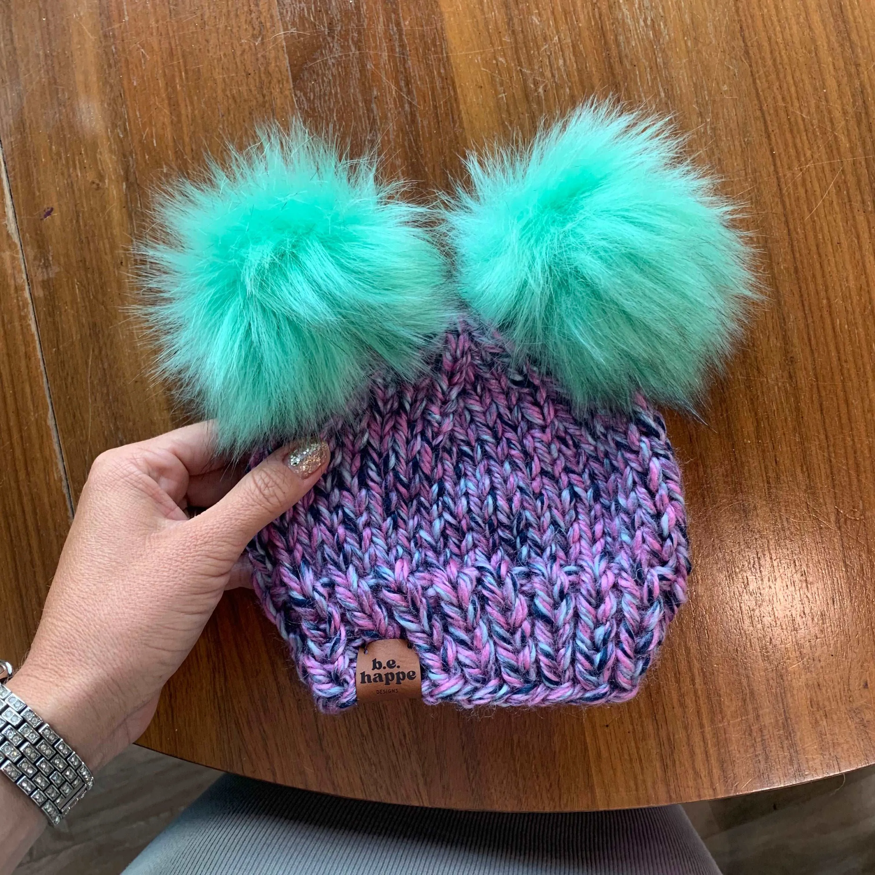 6-12 month Baby Knit Pom Hat | Purple Double Pom Wool Free