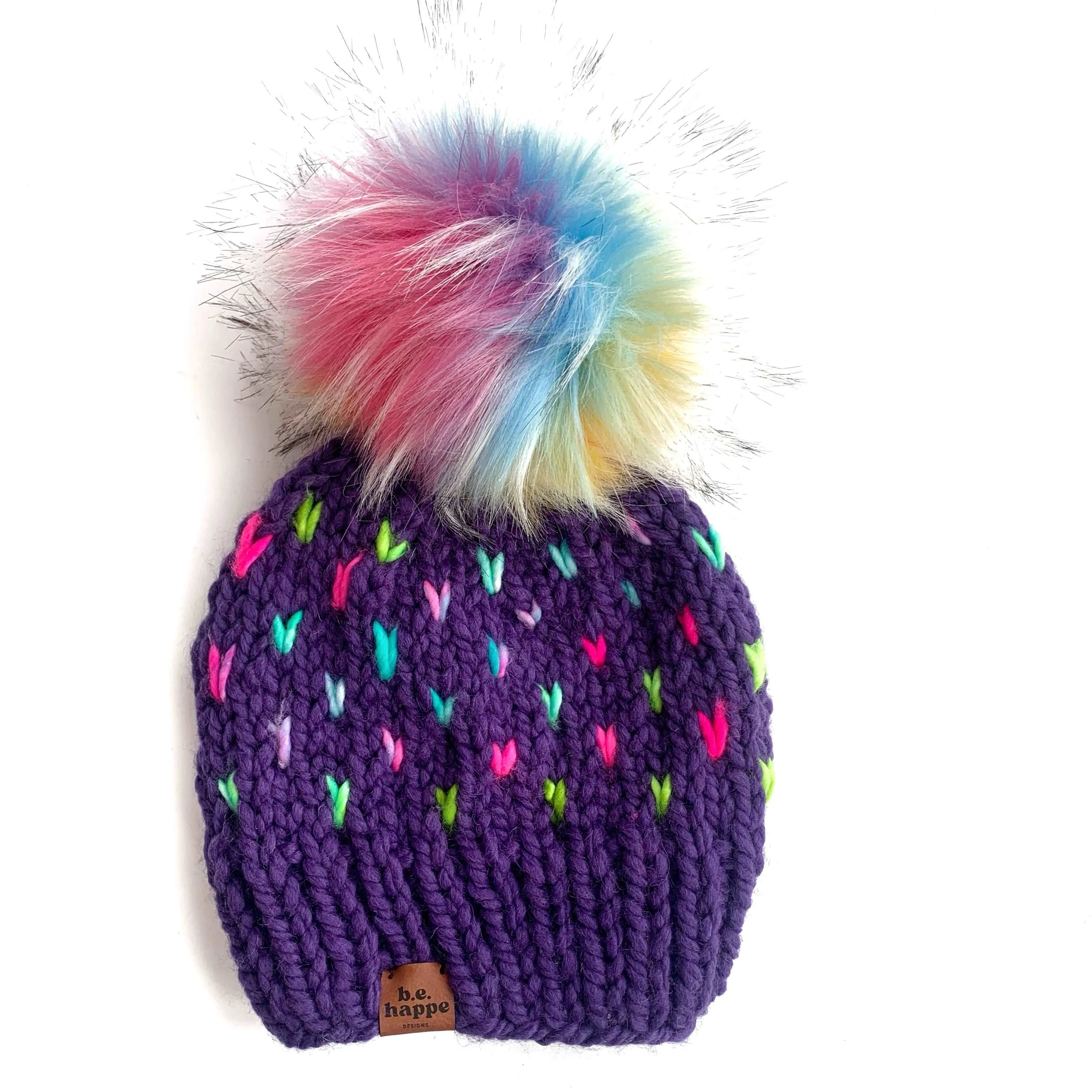 6-12 month Knit Heart Pom Hat | Purple Rainbow