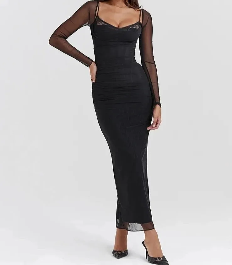 A&A Elegant Sheer Long Sleeve Bustier Maxi Dress