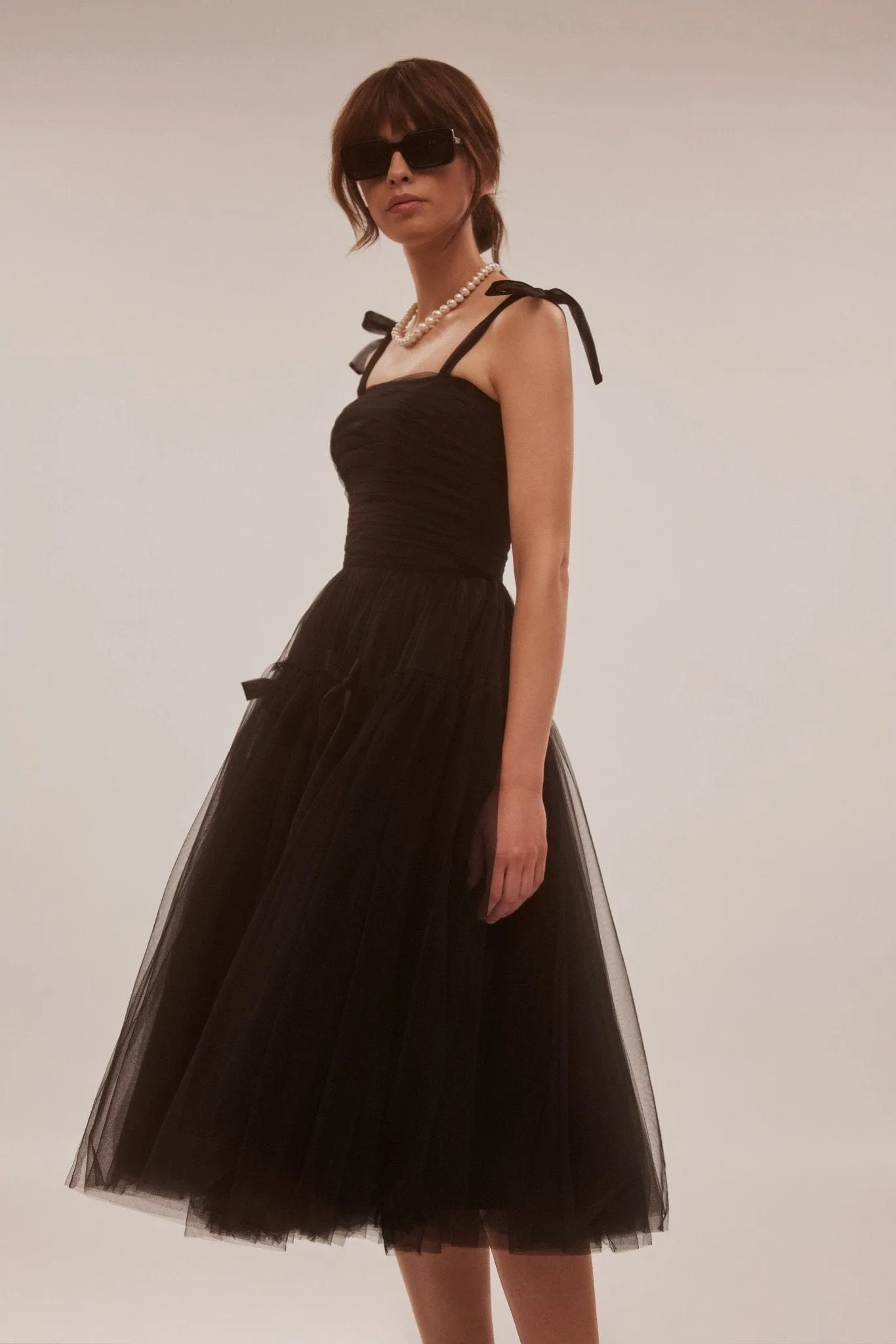 Adorable midi tie-strap black tulle dress