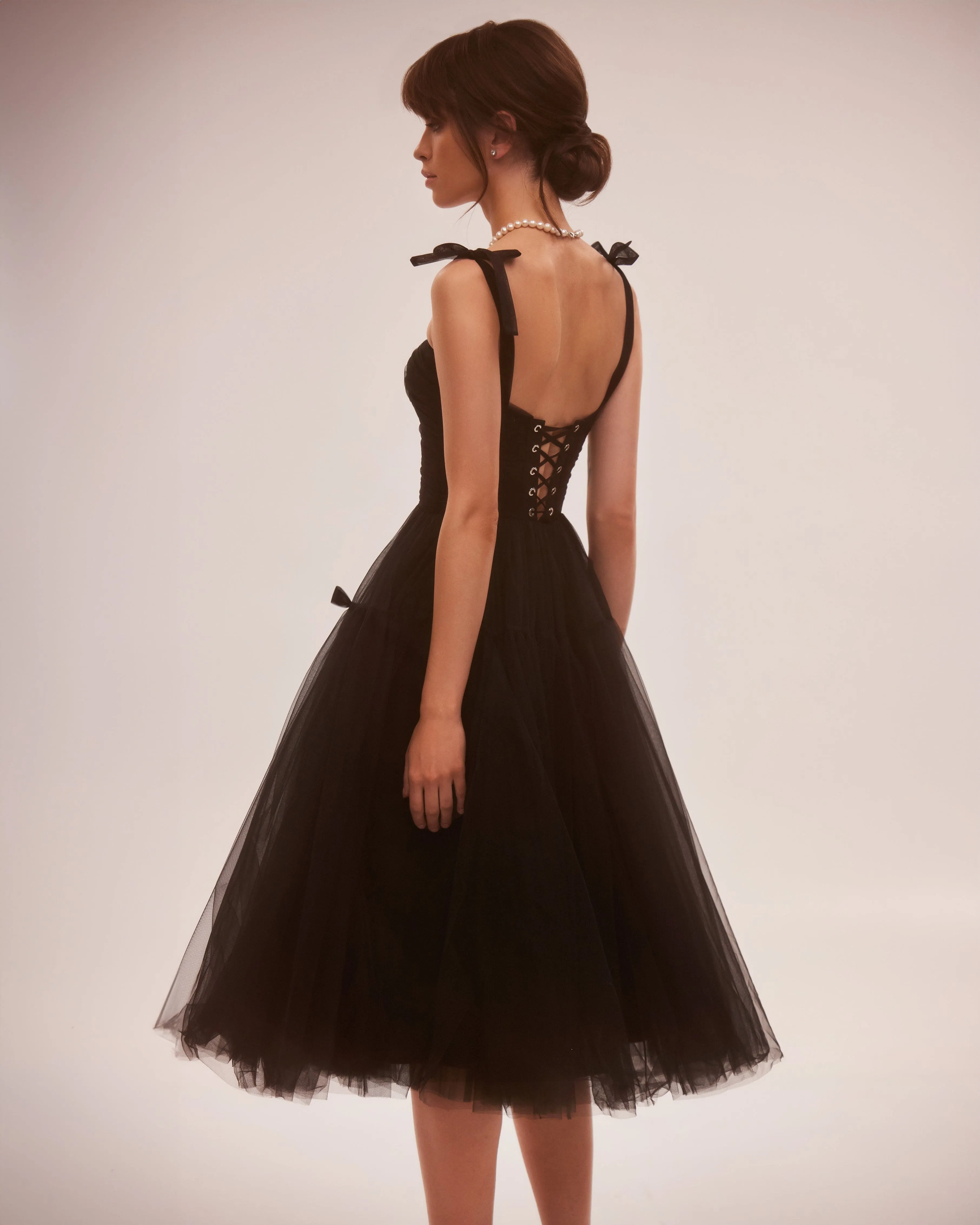 Adorable midi tie-strap black tulle dress