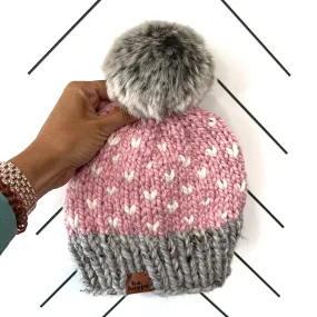 Adult Happe Hearts Knit Pom Hat | Blossom Pink   Grey   Off White