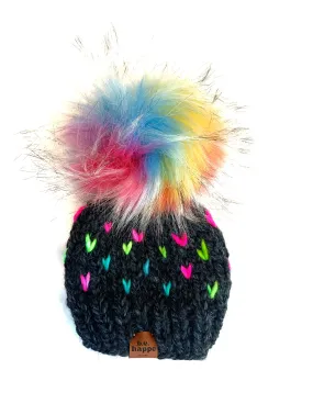 Adult Knit Hearts Pom Hat | Gray Rainbow