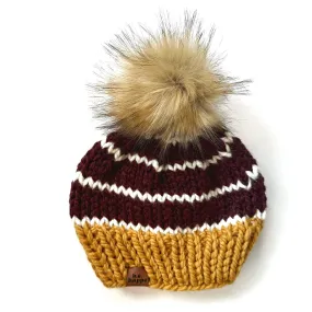 Adult Striped Knit Pom Hat | Mustard Yellow   Maroon/Burgundy