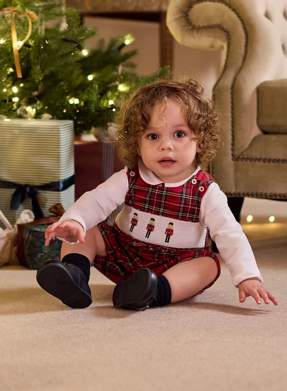 Baby Archie Smocked Romper in Red Tartan