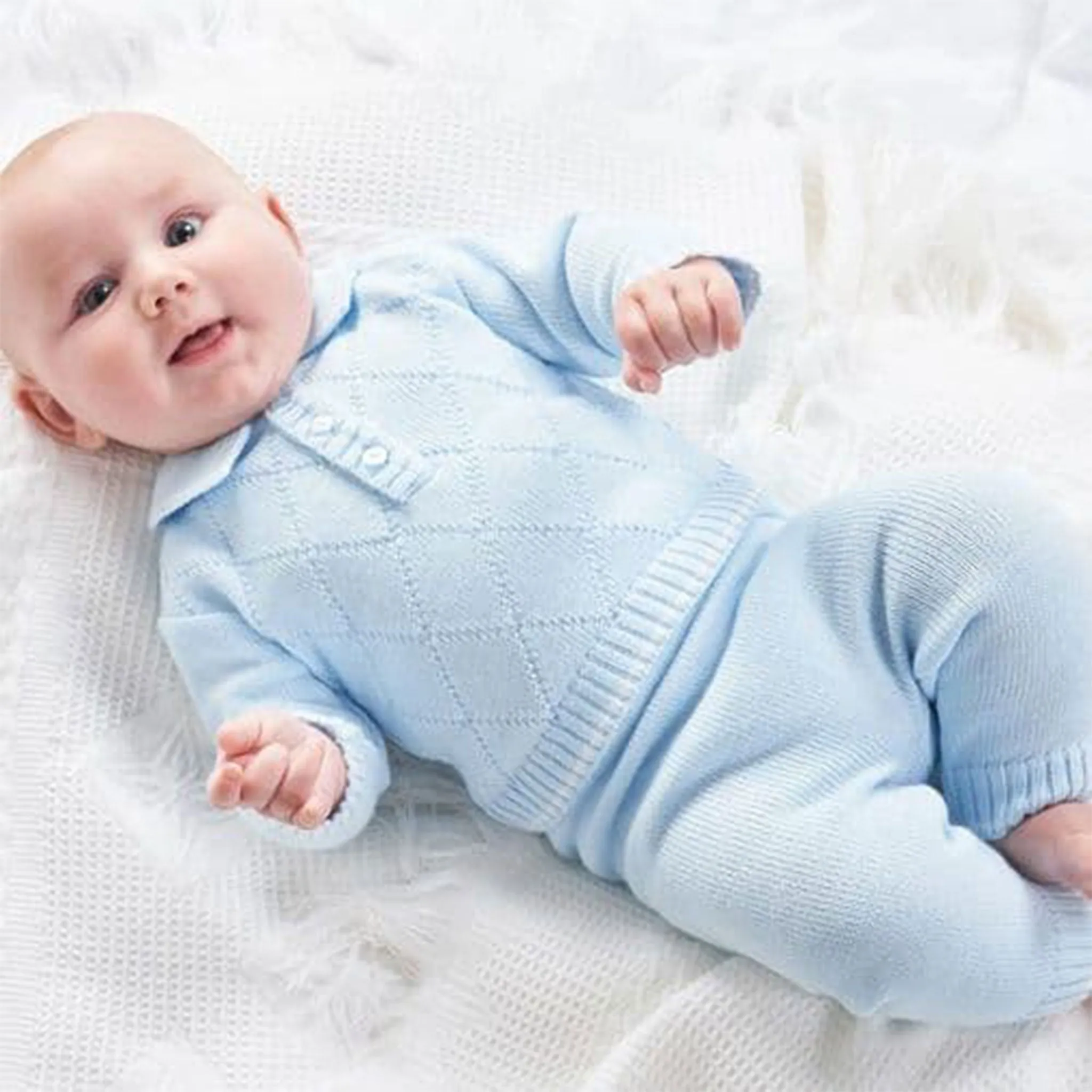 Baby Boy Diamond Knitted Jumper and Trousers - Blue