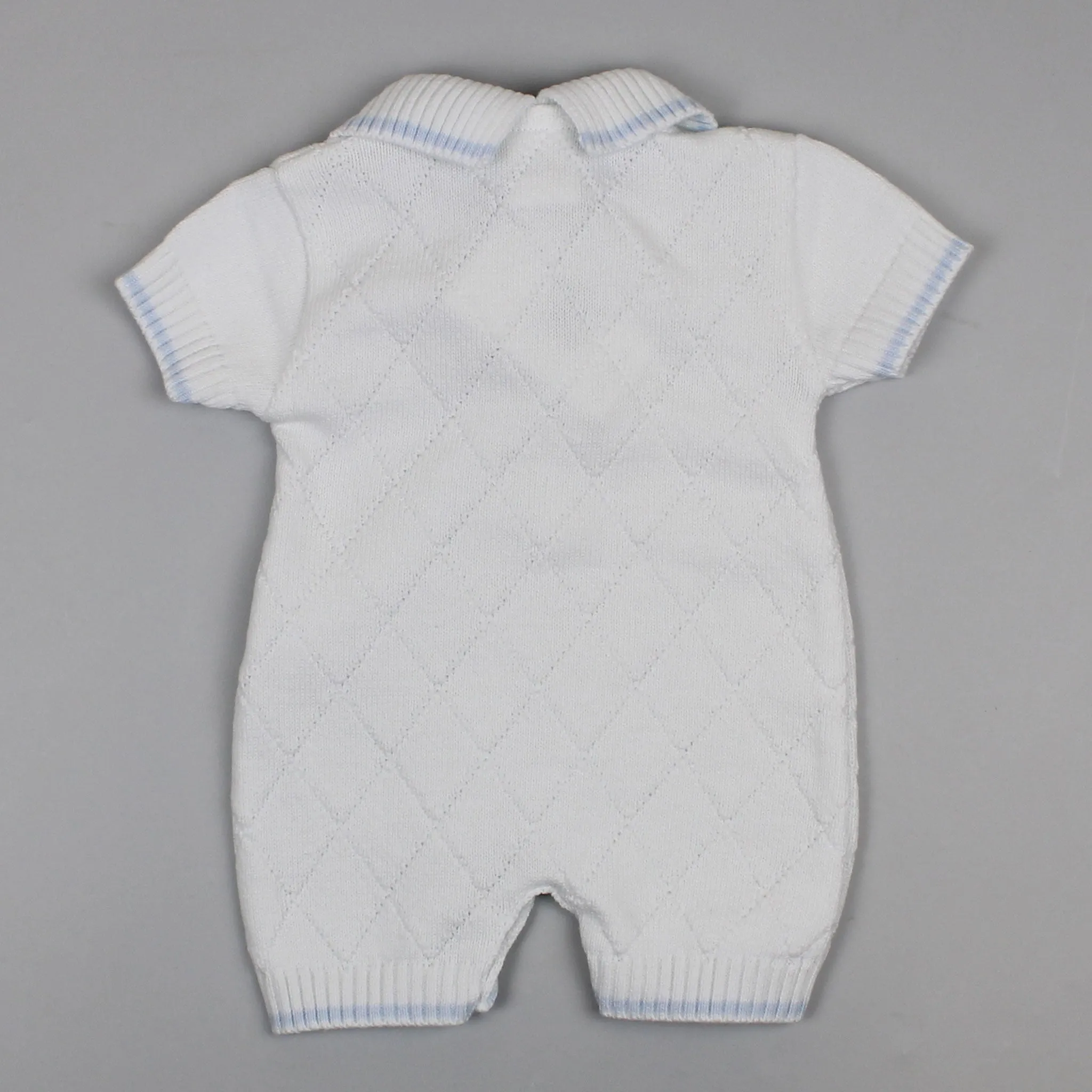 Baby Boy Diamond Knitted Romper - White / Blue