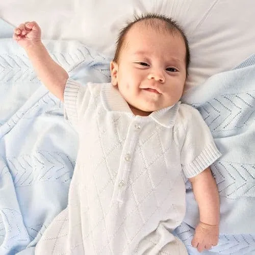 Baby Boy Diamond Knitted Romper - White / Blue