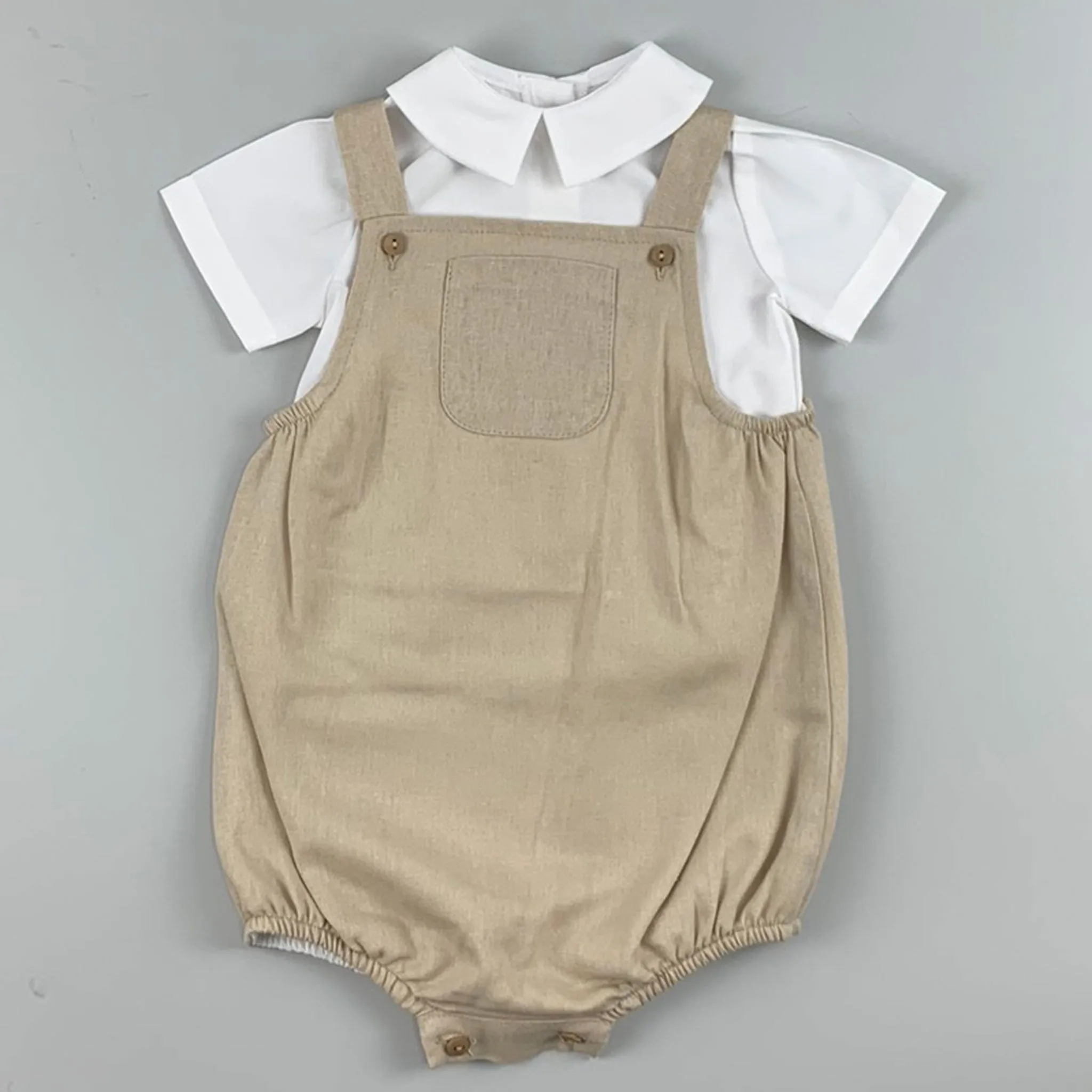 Baby Boy Dungaree Romper and Shirt Outfit - Beige