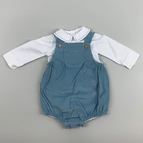 Baby Boy Dungaree Romper and Shirt Outfit - Dusky Blue