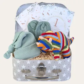 Baby Boy Gifts Hamper, Stripey Organic Dinosaur Rattle & Sage Clothing