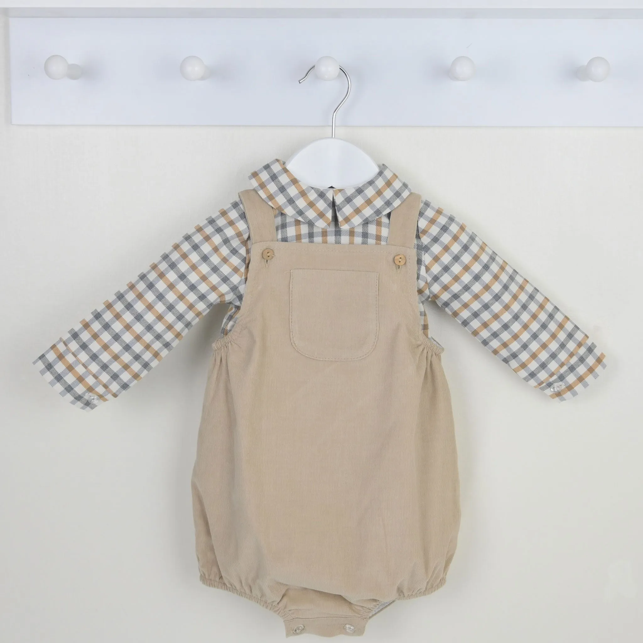 Baby Boys Beige Two Piece Dungaree Outfit - Shirt and Romper Set