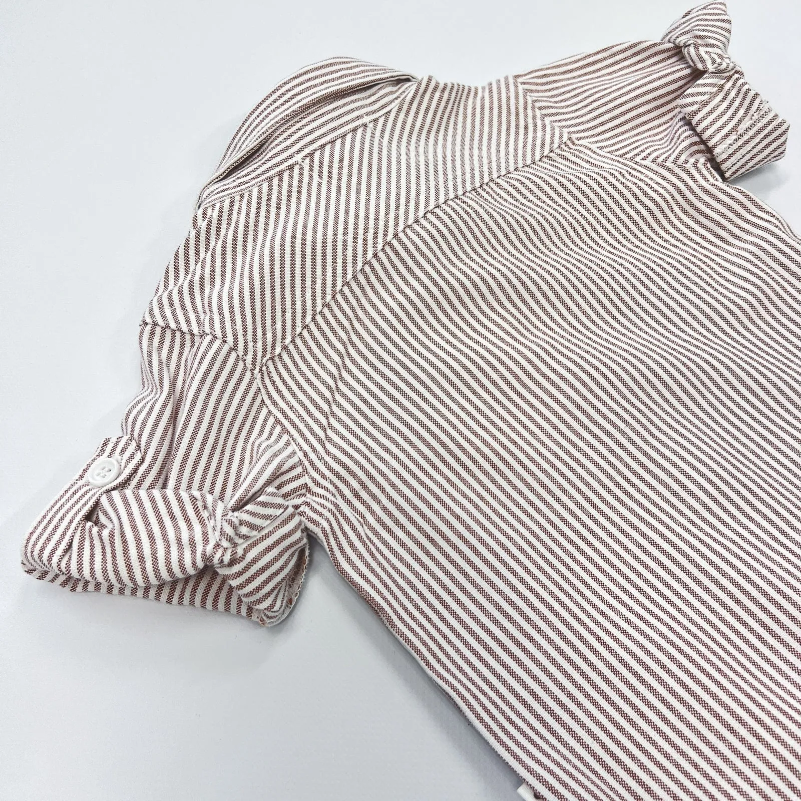 Baby Boys Dress Shirt Romper | Beige Pinstripe