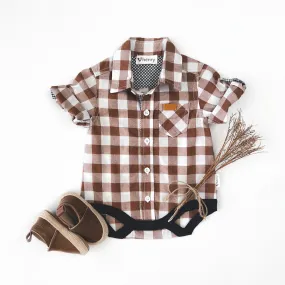 Baby Boys Dress Shirt Romper | Large Bronze Check