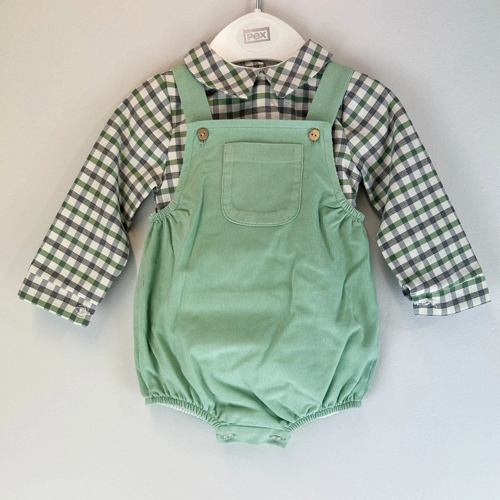 Baby Boys Green Two Piece Dungaree Outfit - Shirt and Romper Set