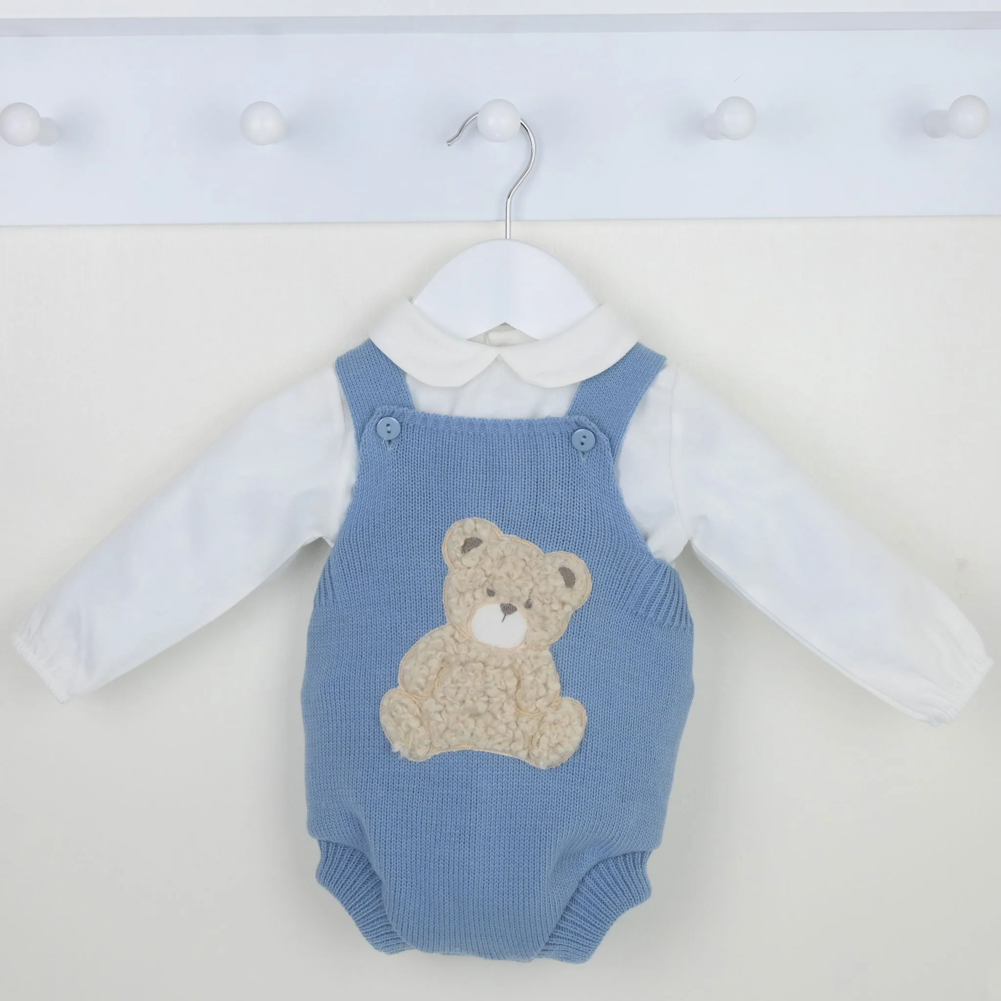 Baby Boys Knitted Two Piece Outfit - with Fleecy Bear - Blue