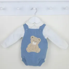 Baby Boys Knitted Two Piece Outfit - with Fleecy Bear - Blue