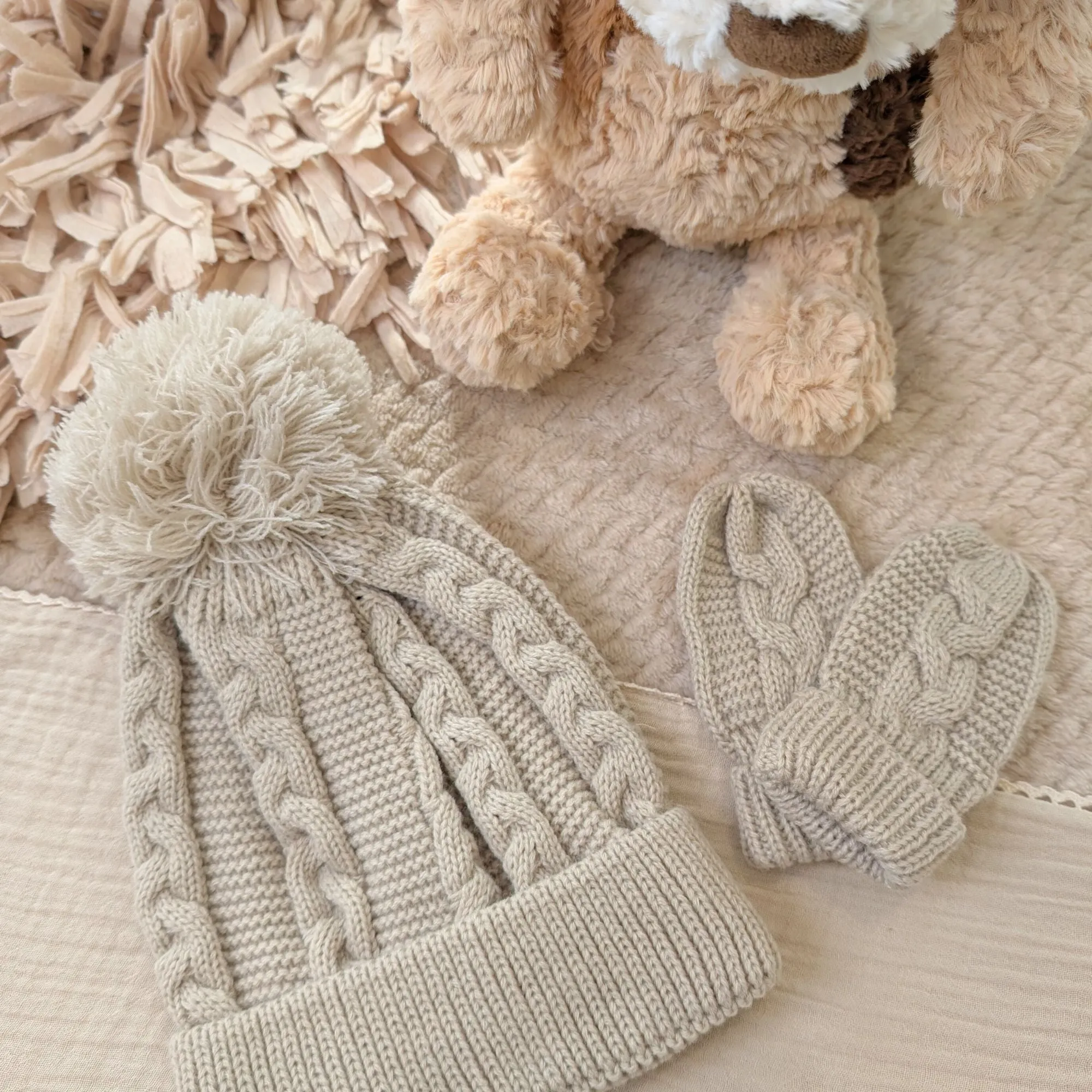 Baby Pompom Hat & Mittens Gift Set Recycled Biscuit Knit 0-12 Months