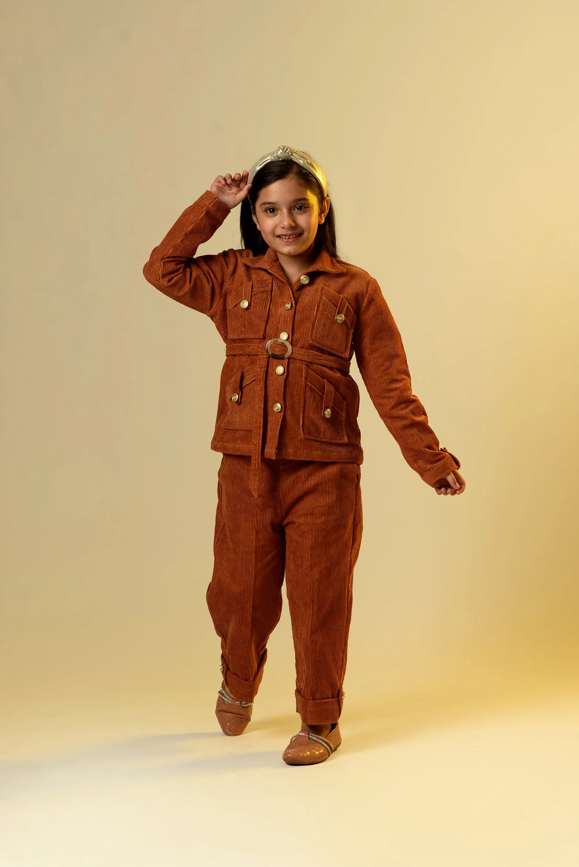 Backwood Radiance- Organic Corduroy Shirt & Trousers With Belt For Girls