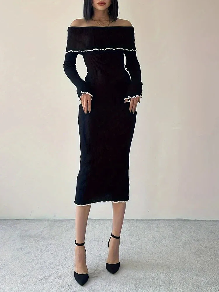 Black Sexy Long Slash Neck Bodycon Dress for Autumn Winter Party Clubwear