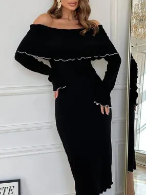 Black Sexy Long Slash Neck Bodycon Dress for Autumn Winter Party Clubwear