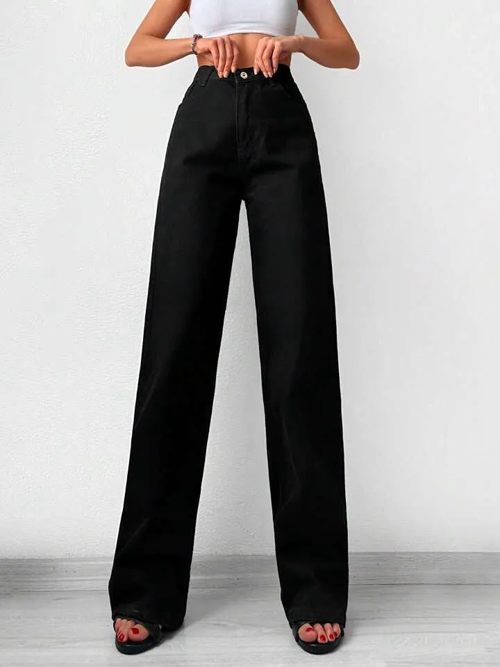 Black Wide Leg High Rise Jeans