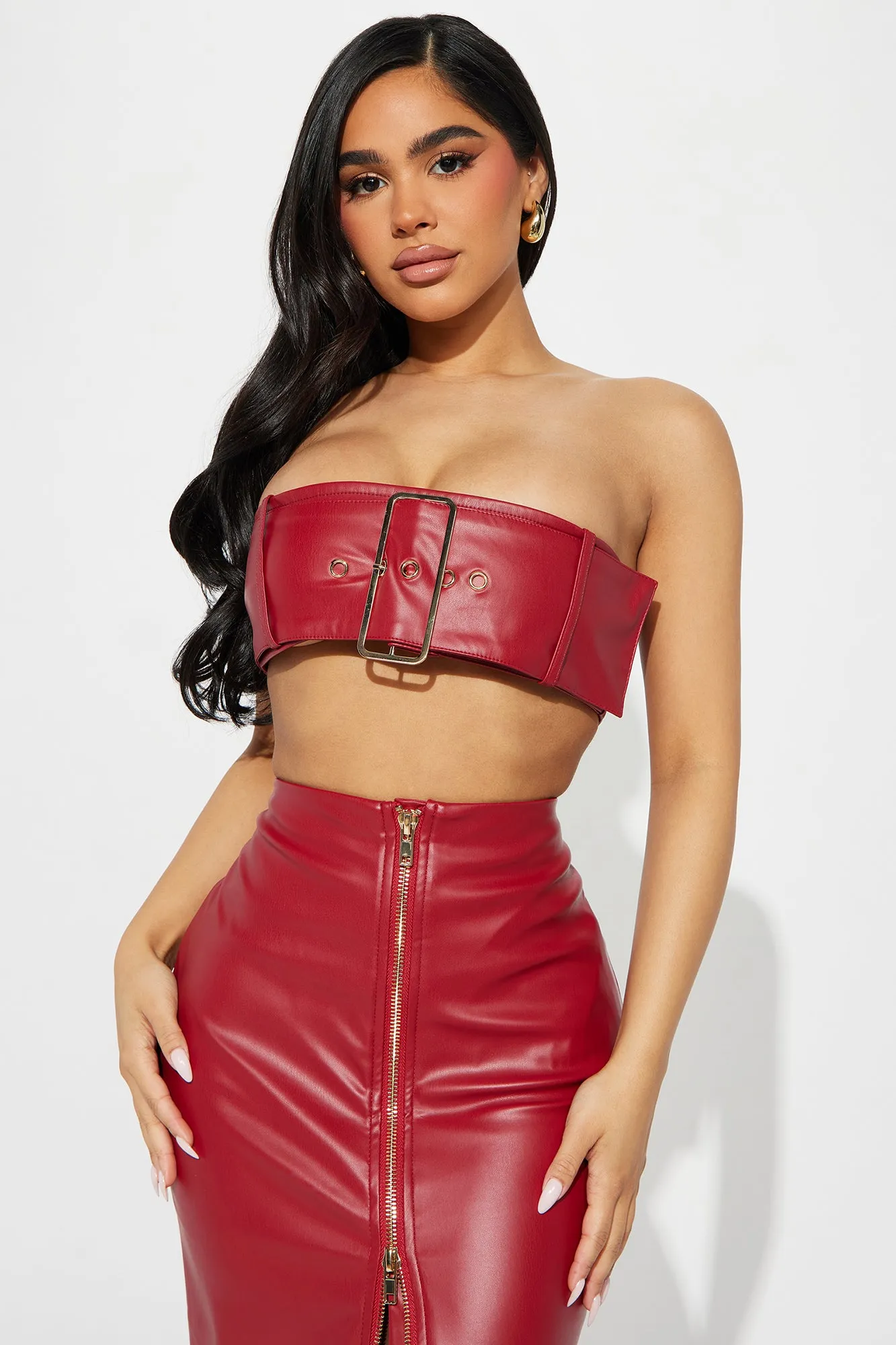 Blame It On Me Faux Leather Skirt Set - Red