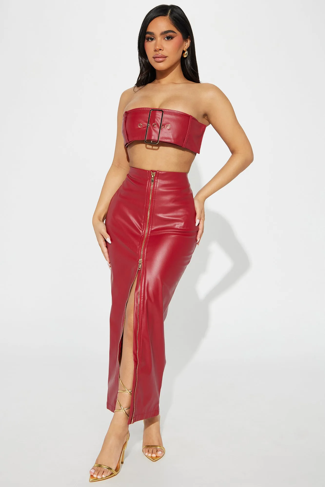 Blame It On Me Faux Leather Skirt Set - Red