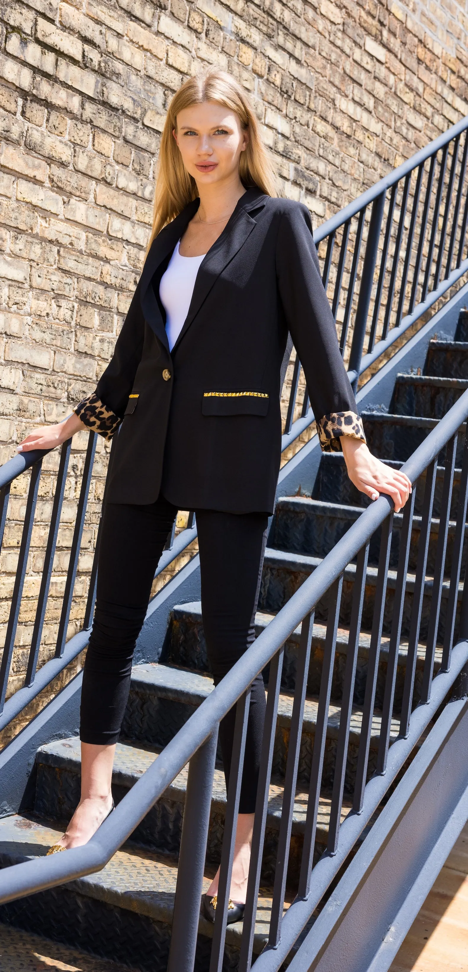 Blazer, Leopard Lined Black, Gold Pocket Studs