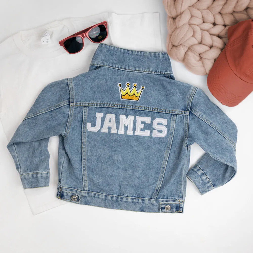 (Blue Denim) Custom Crown Patch Denim Jacket for Kids