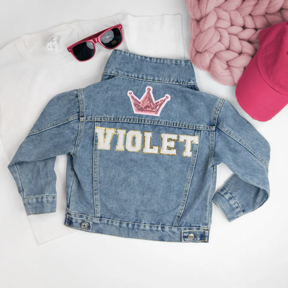 (Blue Denim) Custom Crown Patch Denim Jacket for Kids