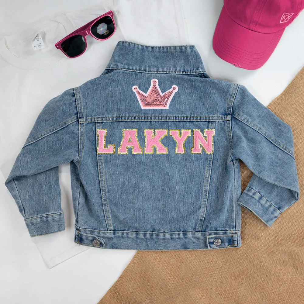 (Blue Denim) Custom Crown Patch Denim Jacket for Kids