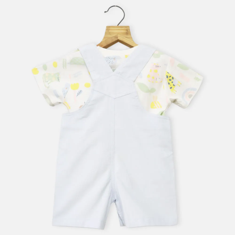 Blue Embroidered Corduroy Dungaree With White T-Shirt