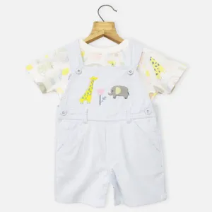 Blue Embroidered Corduroy Dungaree With White T-Shirt