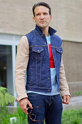 BROOKLYN BT Jean & Leather Jacket Dark Blue Denim & Raw beige Leather Sleeves