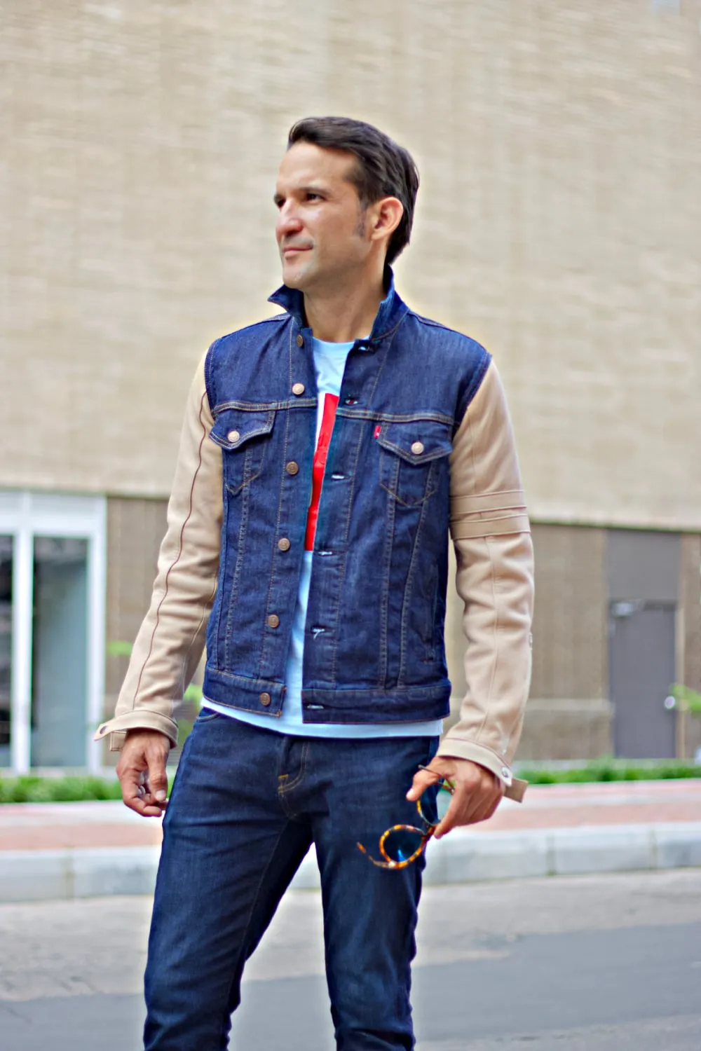 BROOKLYN BT Jean & Leather Jacket Dark Blue Denim & Raw beige Leather Sleeves