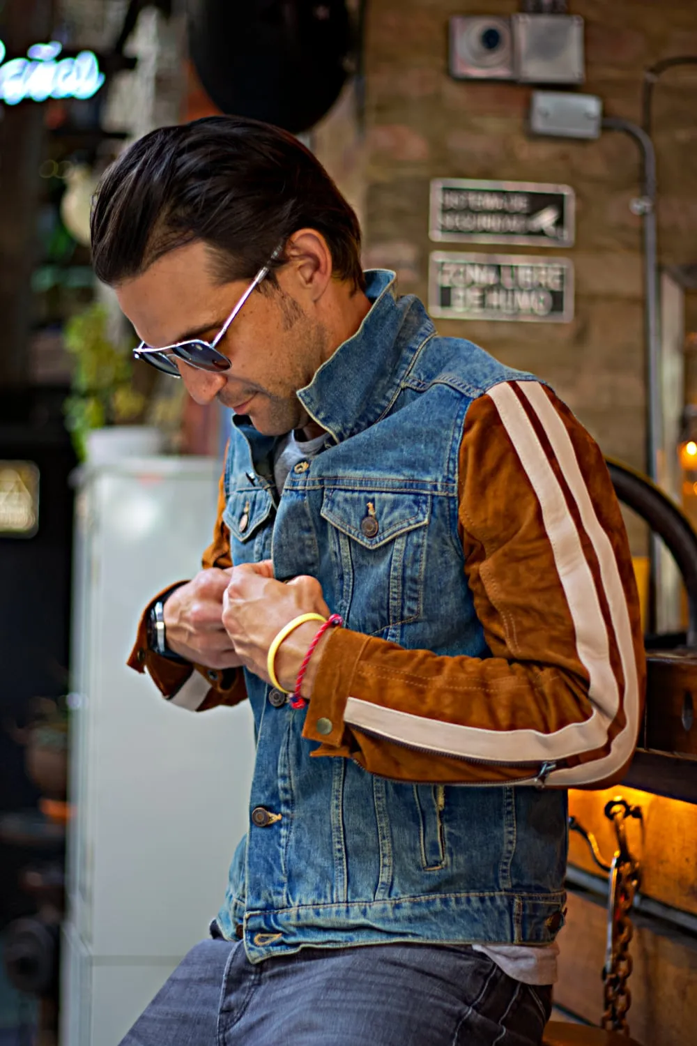 BROOKLYN HM Heroes Motor Edition Jean & Suede Jacket Blue Denim & Brown Sleeves with Tan Stripes