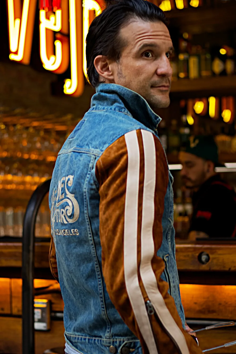 BROOKLYN HM Heroes Motor Edition Jean & Suede Jacket Blue Denim & Brown Sleeves with Tan Stripes