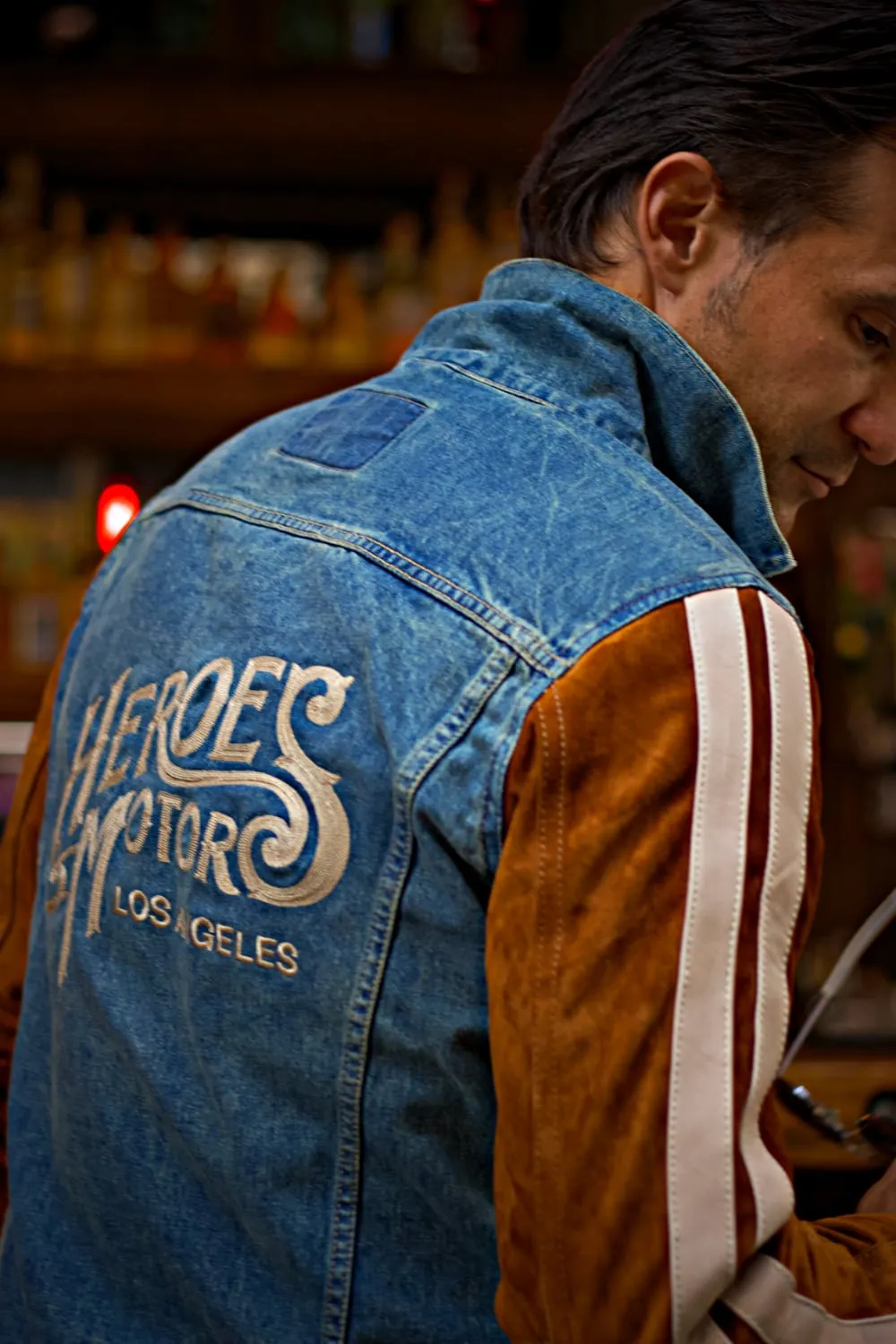 BROOKLYN HM Heroes Motor Edition Jean & Suede Jacket Blue Denim & Brown Sleeves with Tan Stripes