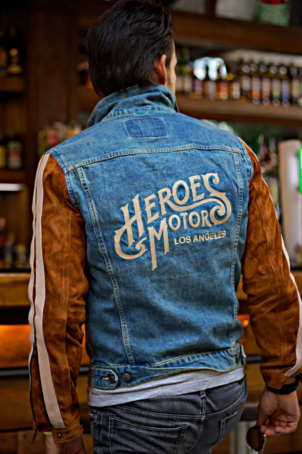 BROOKLYN HM Heroes Motor Edition Jean & Suede Jacket Blue Denim & Brown Sleeves with Tan Stripes