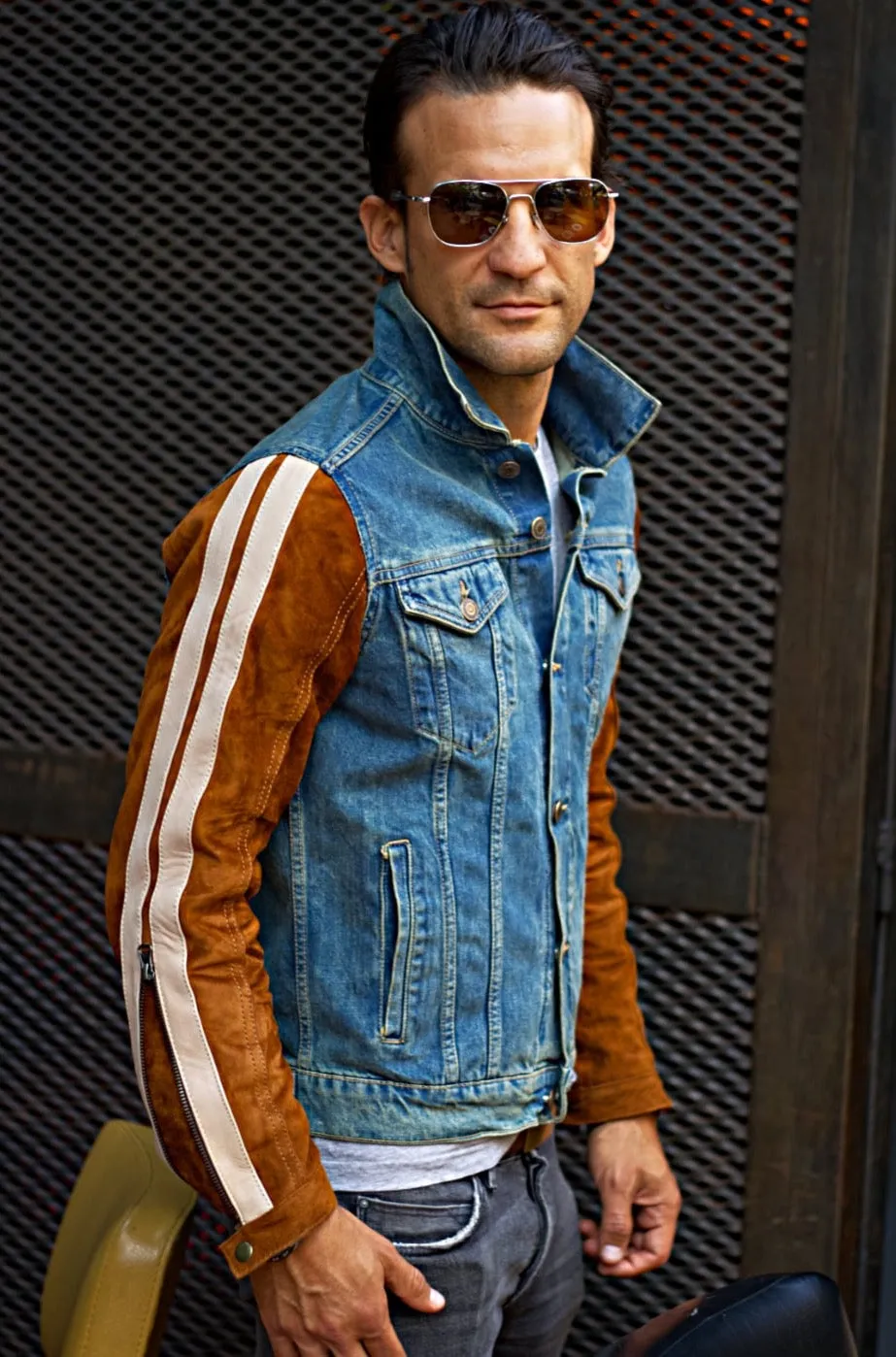 BROOKLYN HM Heroes Motor Edition Jean & Suede Jacket Blue Denim & Brown Sleeves with Tan Stripes