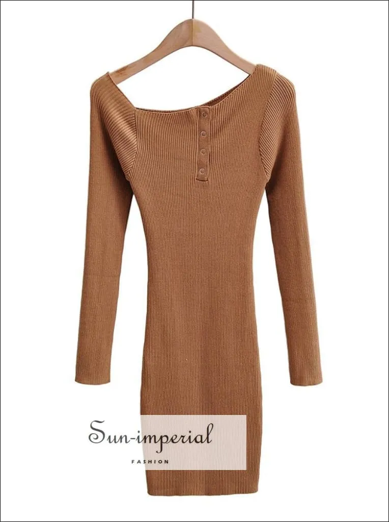 Brown Bodycon Casual Ribbed Mini Dress off Shoulder Long Sleeve side Tik Tak Buttons Dress