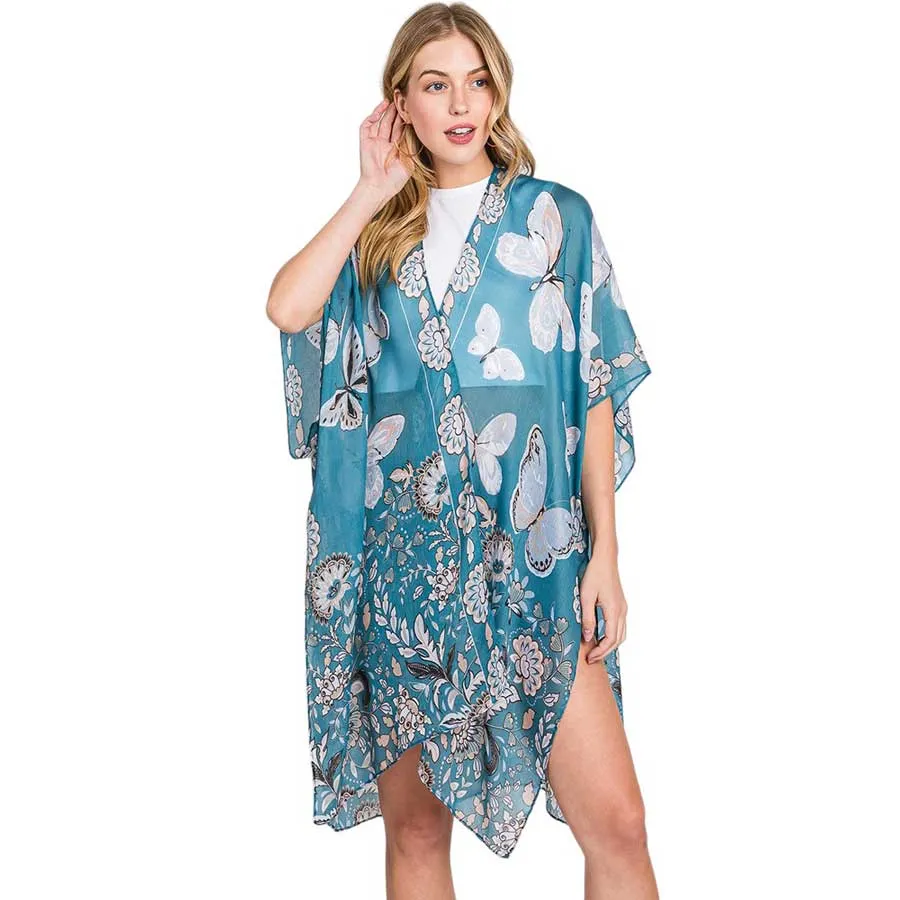 Butterfly And Flower Print Kimono Poncho