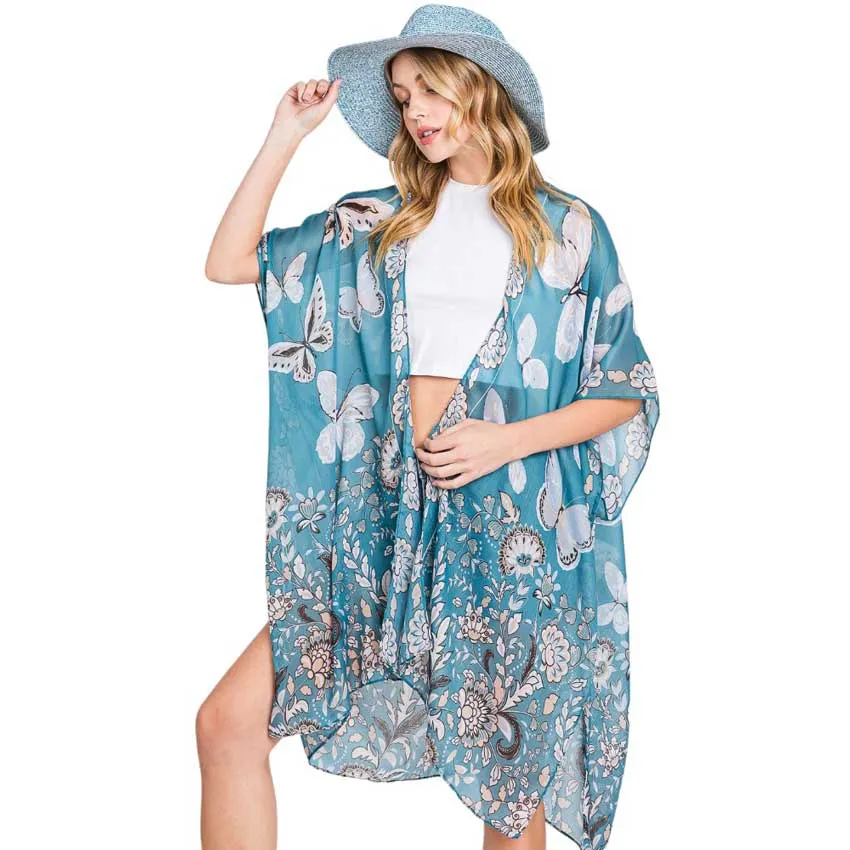 Butterfly And Flower Print Kimono Poncho