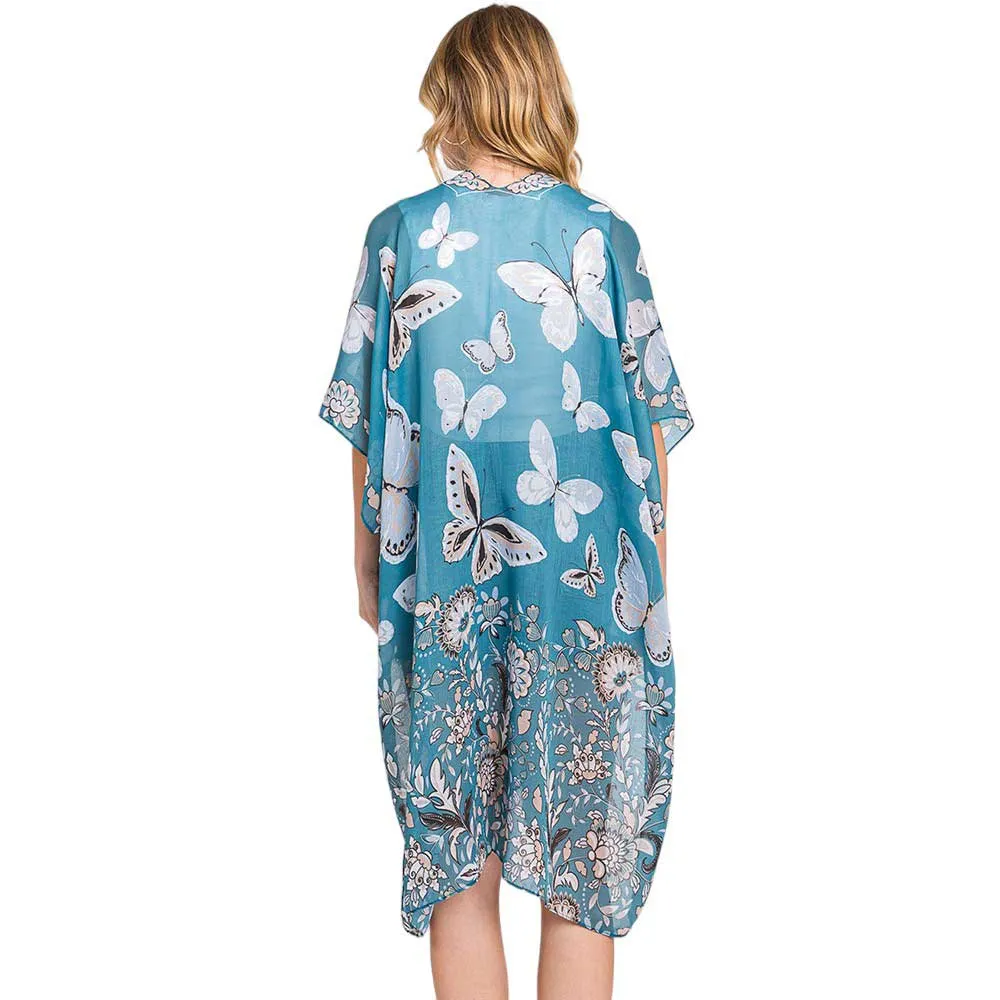 Butterfly And Flower Print Kimono Poncho